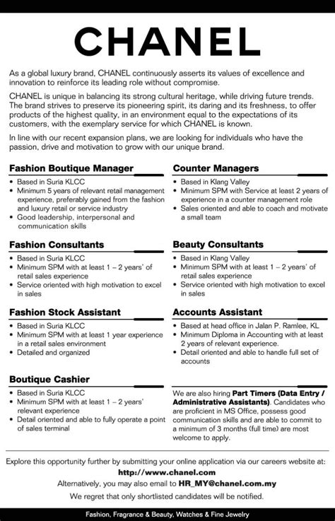 chanel jobs malaysia|chanel job description.